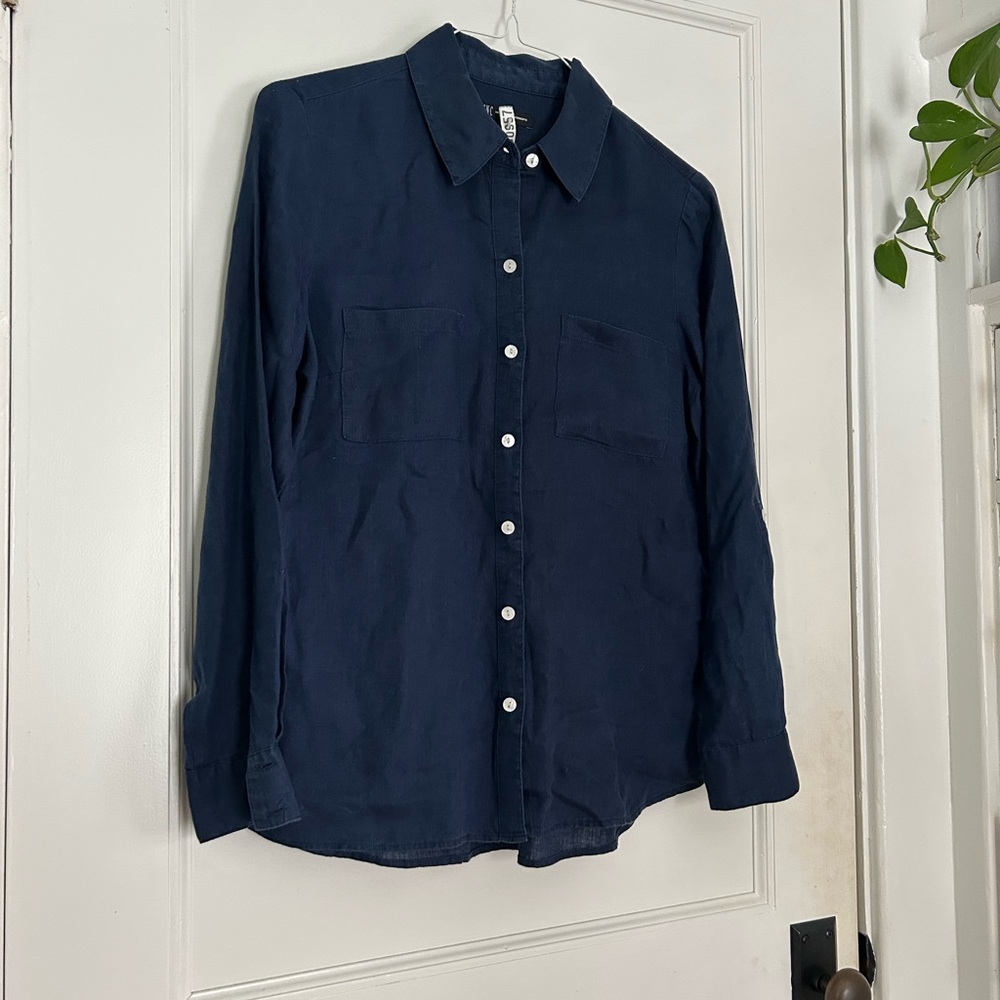 100% Linen INC International Concepts Navy Button-Up Shirt Size Medium